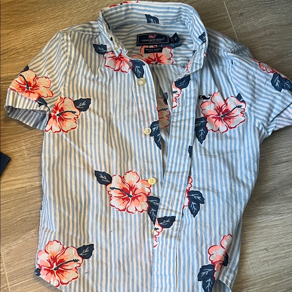 Vineyard Vines Kids Blue Striped Shirt with Red Floral